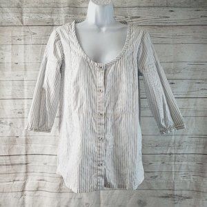 Brian Reye Womens‎ Top Sz 6 White Blue Striped Button Front 3/4 Sleeve